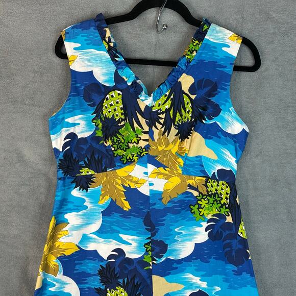 Vintage Hukilau Fashions Dress Women 14 Blue Floral Maxi Tropical Hawaiian Beach - Picture 2 of 12